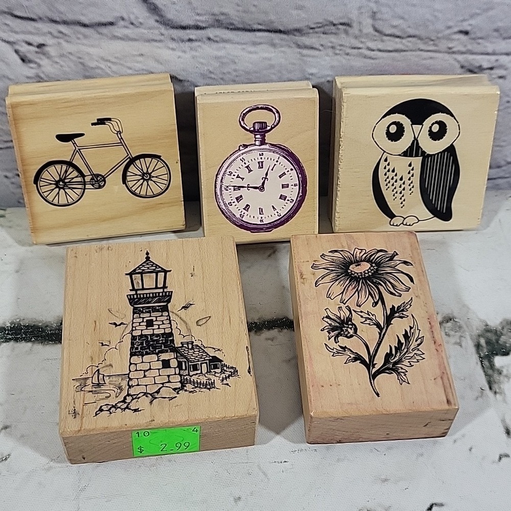 Rubber Stamps Assorted Lot‎ Of 5 Lighthouse Pocket Watch Bicycle Owl Flower